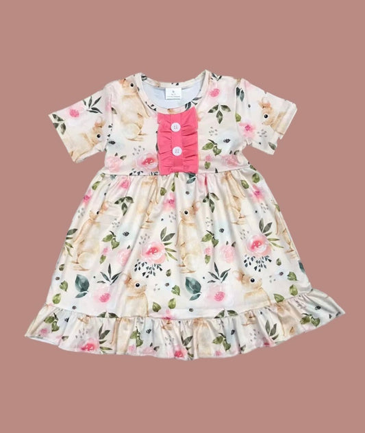 Girls rabbit and flower print short sleeved dress