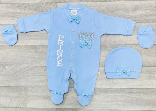 Baby Boy Diamanté Crown All in One Baby Grow with Hat & Mittens (slightly small fitting)
