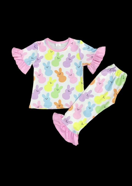 Girls bunny print frill sleeved pyjamas