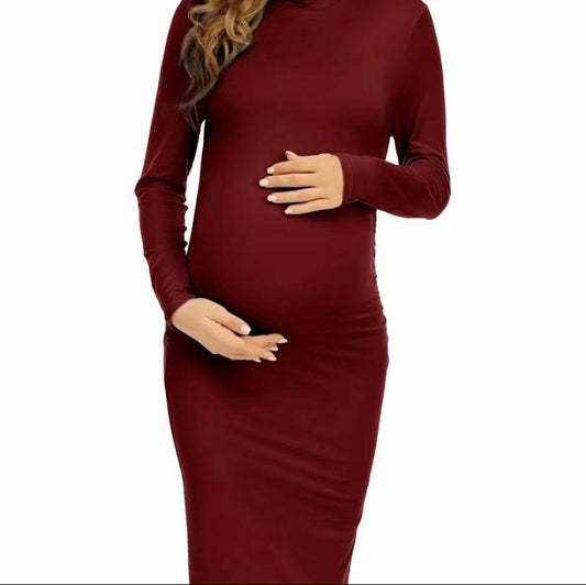 Burgundy roll neck maternity dress