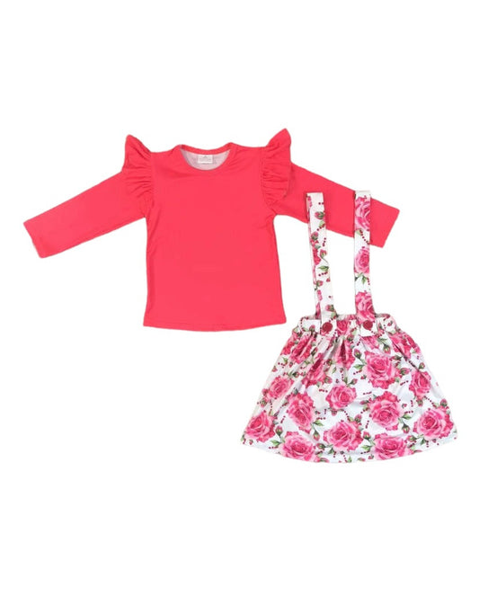 Girls frill sleeved top with rose print dress