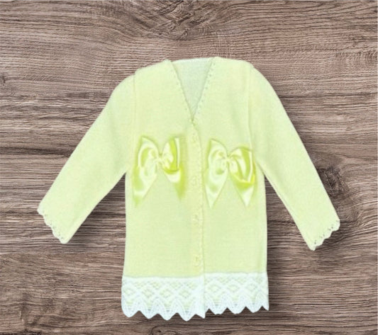 Baby girls lemon cardigan with bow design.