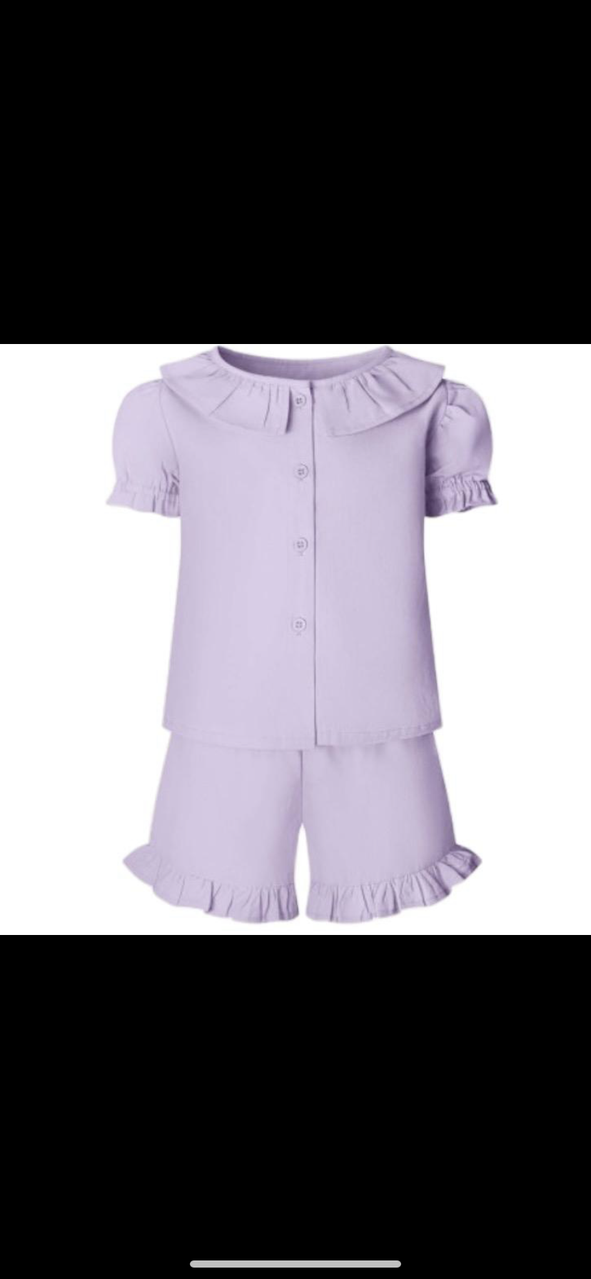 Girls linen T-shirt and short frill set in pastel purple. 100% cotton. Can be worn as a day outfit or pyjamas