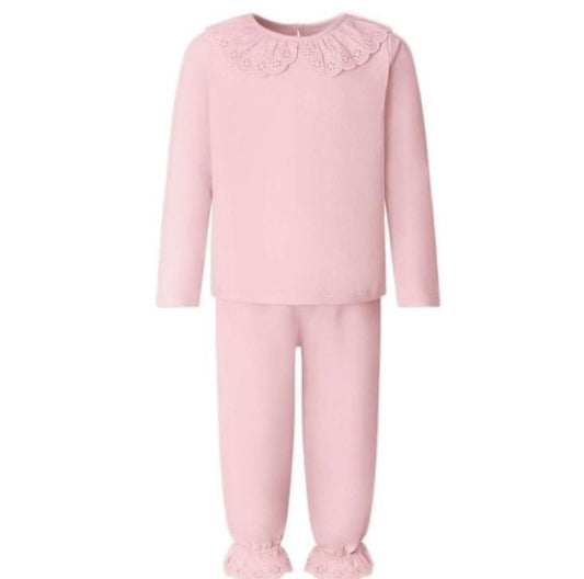 Girls long sleeved frilled pyjama set in pastel pink.