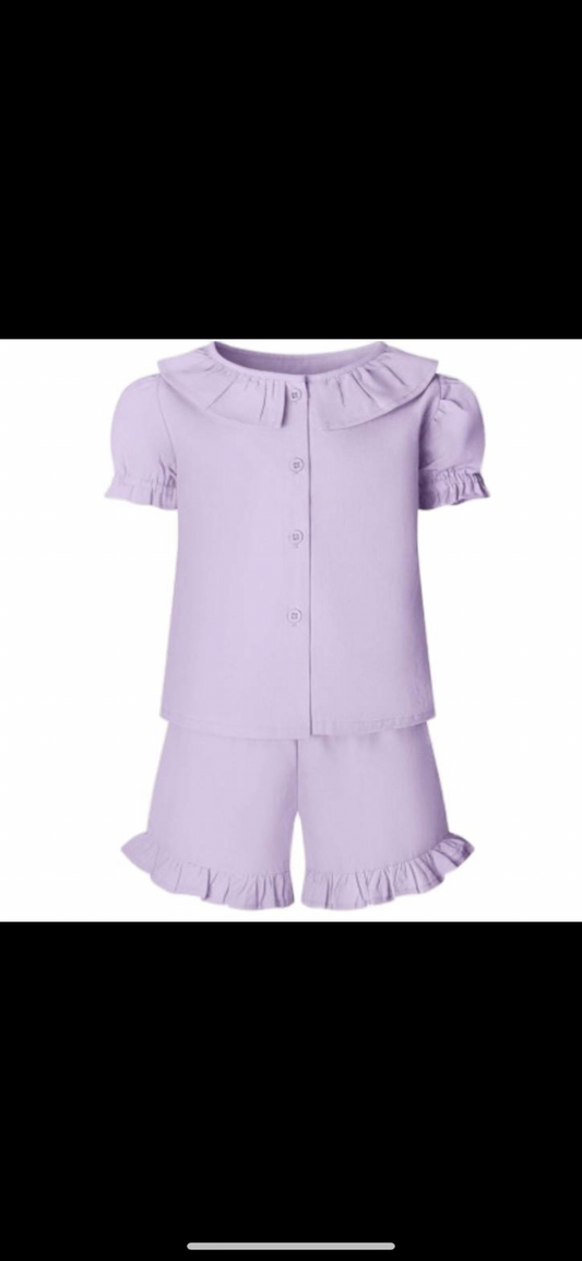 Girls linen T-shirt and short frill set in pastel purple. 100% cotton. Can be worn as a day outfit or pyjamas